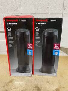 lot 212 image: LOT OF 2 Honeywell Slim Ceramic Tower Whole Room Heater in Black, HCE317B