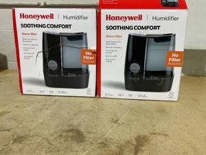 lot 215 image: LOT OF 2 Honeywell HWM845BV2 Warm Mist Humidifier with Essential Oil Cup Filter Free Black Quiet Operation, 24-Hour Run Time, ETL Listed