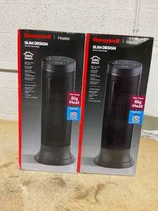 lot 218 image: LOT OF 2 Honeywell Slim Ceramic Tower Whole Room Heater in Black, HCE317B