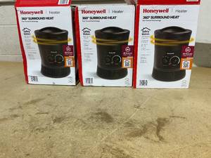 lot 225 image: LOT OF 3 Honeywell HHF360B 1500W 360 Surround Indoor Heater Black Portable Space Heater for Bedroom, ETL Listed, Fan Driven