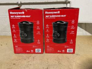 lot 233 image: LOT OF 2 Honeywell HHF360B 1500W 360 Surround Indoor Heater Black Portable Space Heater for Bedroom, ETL Listed, Fan Driven