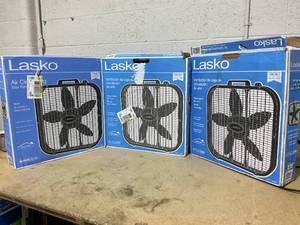 lot 238 image: LOT OF 3 Lasko Box Fans (1 Fan Has Minor Transit Damage)