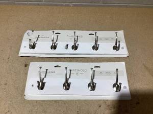 lot 416 image: LOT OF 2 Threshold 4 Hook & 5 Hook Rail Nickel Hooks Ivory Wall Mounted Decorative Hook Rack, Matte Silver