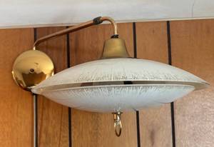 BR2 - Mid-Century Modern Glass and Brass Flying Saucer Pendant Light