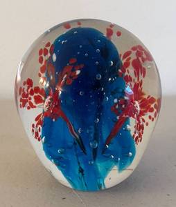 BR2 - Art Glass Paperweight - Blue Center with Red Floral Inclusions