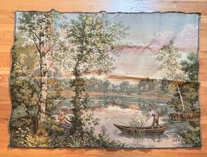 BR2 - Vintage Tapestry - Pastoral Rivers Scene with Fisherman in Boat
