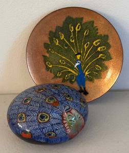 BR2 - Annemarie Davidson Peacock Enamel Plate & Paperweight