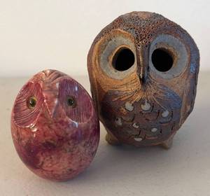 BR2 - Two Owl Figurines - Ceramic & Marble