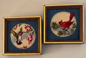BR2 - Pair of Bird Motif Needlepoint Frames - Vintage Wall Decor