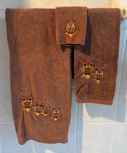 BR2 - Owl Embroidered Vintage Brown Bath Towel Set - Towel, Hand Towel & Washcloth