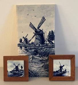 Three Delft Blue Hand Painted Windmill Tiles