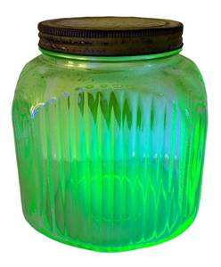 UL - Vintage Uranium Glass Jar - Ribbed Green with Metal Lid