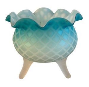 BR2 - Antique Victorian Blue Satin Diamond-Quilt Footed Vase