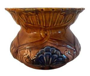 UL - Majolica Jardiniere Planter - Vintage Brown Glaze with Blue Shell Motifs