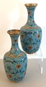 UL - Two Vintage Cloisonn Vases - Turquoise Floral Pattern with Gold Trim