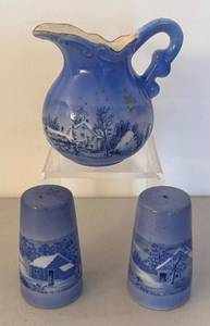 UL - Currier & Ives Blue Transferware Creamer Pitcher with Salt & Pepper Shakers