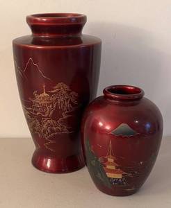 UL - Two Red Lacquerware Vases with Gold Landscape Motifs