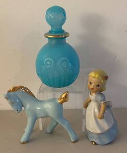 UL - Vintage Avon Bristol Blue Dobber Bottle with Horse and Little Girl Figurine