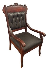 BR2 - Antique Victorian Empire Carved Wood Armchair with Tufted Leather Back & Seat