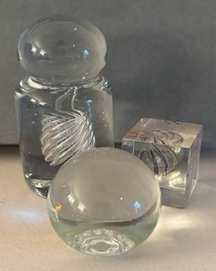 UL - Glass Paper Weight Trio - Clear Crystal Weights with Spiral Swirl, Sphere & Cube
