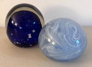 UL - Two Blue Glass Paperweights