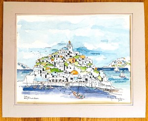uL - Greek Island Scene Watercolor - Unframed