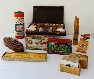 uL - Vintage Wooden Board Games & Toys Tinkertoy Cylinder, Dominoes Double Nine, Oriental Checkers