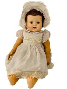 uL - 26in Vintage Composition Baby Doll - Cloth Body, Pink Lace Dress & Bonnet