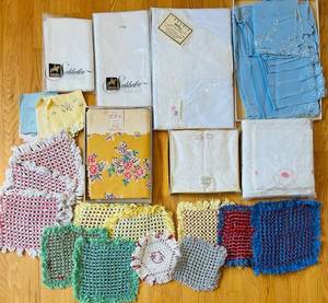 uL - Assorted Linen Textiles & Crochet Mats - Embroidered White Sheets, Blue Linens, Floral Prints