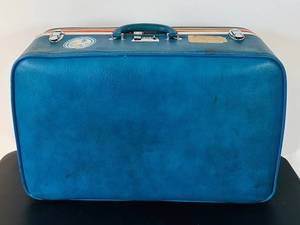 uL - Ventura Travelware Vintage Suitcase 8 x 16 x 25 in - Blue Vinyl with Tokyo 77 & Northwest Orient Stickers