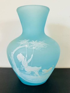 uL - Vintage Westmoreland Blue Satin Glass Vase with Mary Gregory Style Enameling