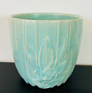UL - Vintage McCoy Ceramic Planter - Turquoise Glaze with Floral Embossing, 6.5 in Tall