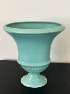 uL - Vintage Aqua Vase 9 in Tall - Glazed Ceramic Urn on Pedestal