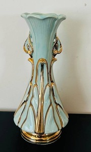 uL - Vintage Aqua Glass Vase with Gold Leaf Accents - 12 in Tall