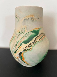 UL- Vintage Nemadji Pottery Vase, Marble-Glazed Swirl in Green, Orange & Tan