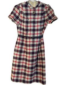 UL - Plaid Wool Dress - Small, Belted, RedWhiteBlue (Vintage)
