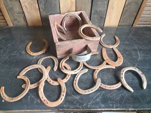 lot 7 image: Lot of Real Horse shoes and wooden drawer
