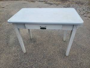 lot 9 image: Cool Vintage Wood Bohn Sanitor Table with drawer and Metal Enamel Table Top