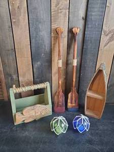 lot 39 image: fishing Dcor Lot Wooden Boat, Oars, Floats, and wooden Box