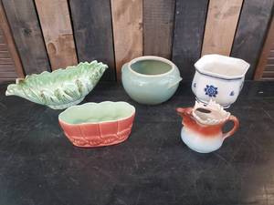 lot 48 image: Vintage Ceramic Pot Lot and Fancy Moose Creamer, Austria, Red Wing, and others
