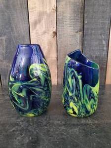 lot 54 image: Collectible Pair of Swirling Lime Green and Cobalt Blue Vases thick heavy glass