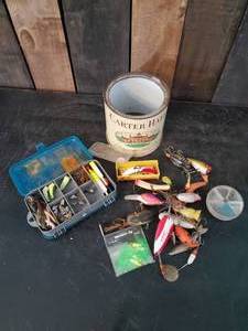 lot 66 image: Lot of Vintage and Newer Fishing hooks and Lures with Tackle Box and more