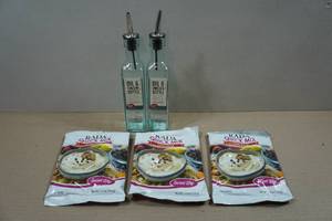 lot 223 image: 2 Oil & Vinegar Glass Bottles and Sweet Dip Mix