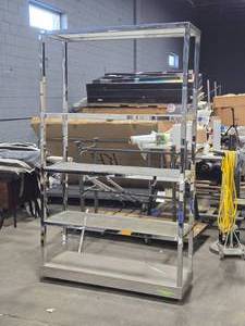 lot 452 image: Rolling Metal Framed Shelving Unit with Glass Shelves 54 x 18 x 98