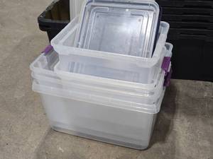 lot 615 image: Lot of (6) Plastic Storage Tote Bin with Lid (assorted) (clear)