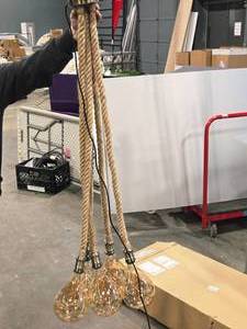 lot 463 image: Industrial Light Fixture with (5) Pear shaped Bulbs Hanging From 1 thick Hemp Rope