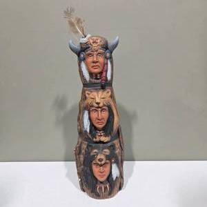 lot 13 image: Hand Carved Native American Style Totem Pole Figurine w Animal & Warrior Faces  Lot 13