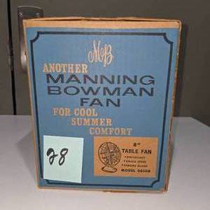lot 28 image: Vintage Manning Bowman 8 Table Fan Model 08506 w Original Box  Lot 28