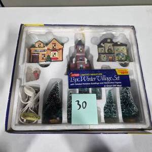 lot 30 image: Lighted Miniature Winter Village 13-Piece Set w Buildings & Trees  Lot 30