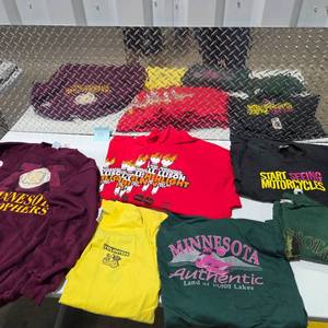 lot 45 image: 11 Pc Minnesota Apparel Lot  NEW Minnesota Gophers XXL Long Sleeve NWT, XL Graphic Tees, Minneapolis Aquatennial, Motorcycle Shirt  Lot 45